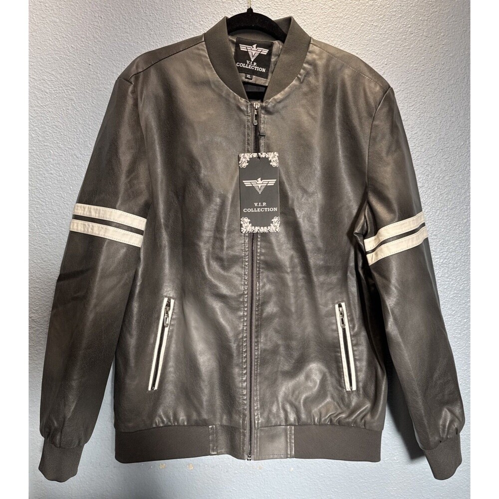 V.I.P. Collection Gray Mens Pleather Jacket Zip Up Size XL New With Tags